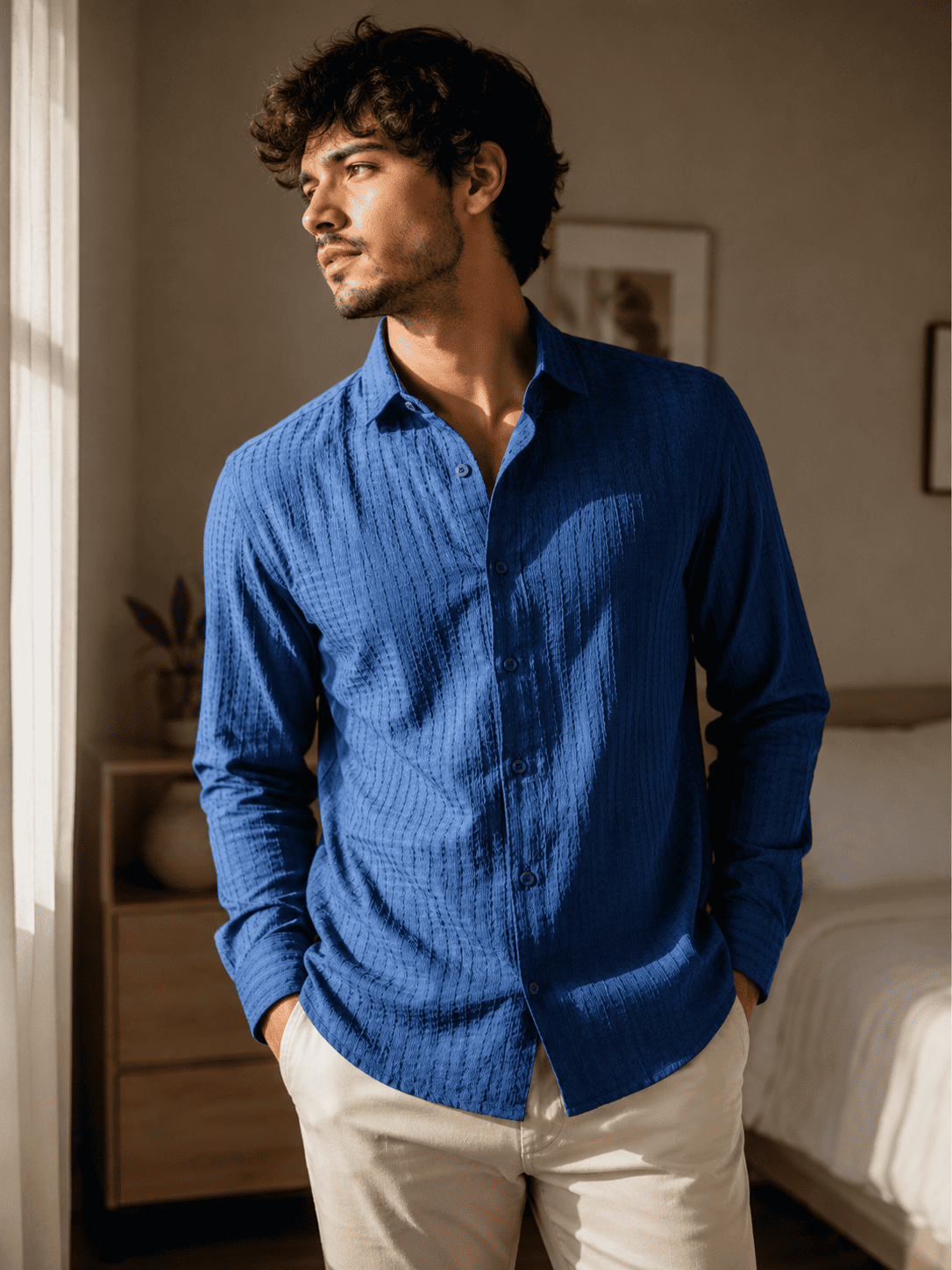 Men's Textured Blue Casual Shirt