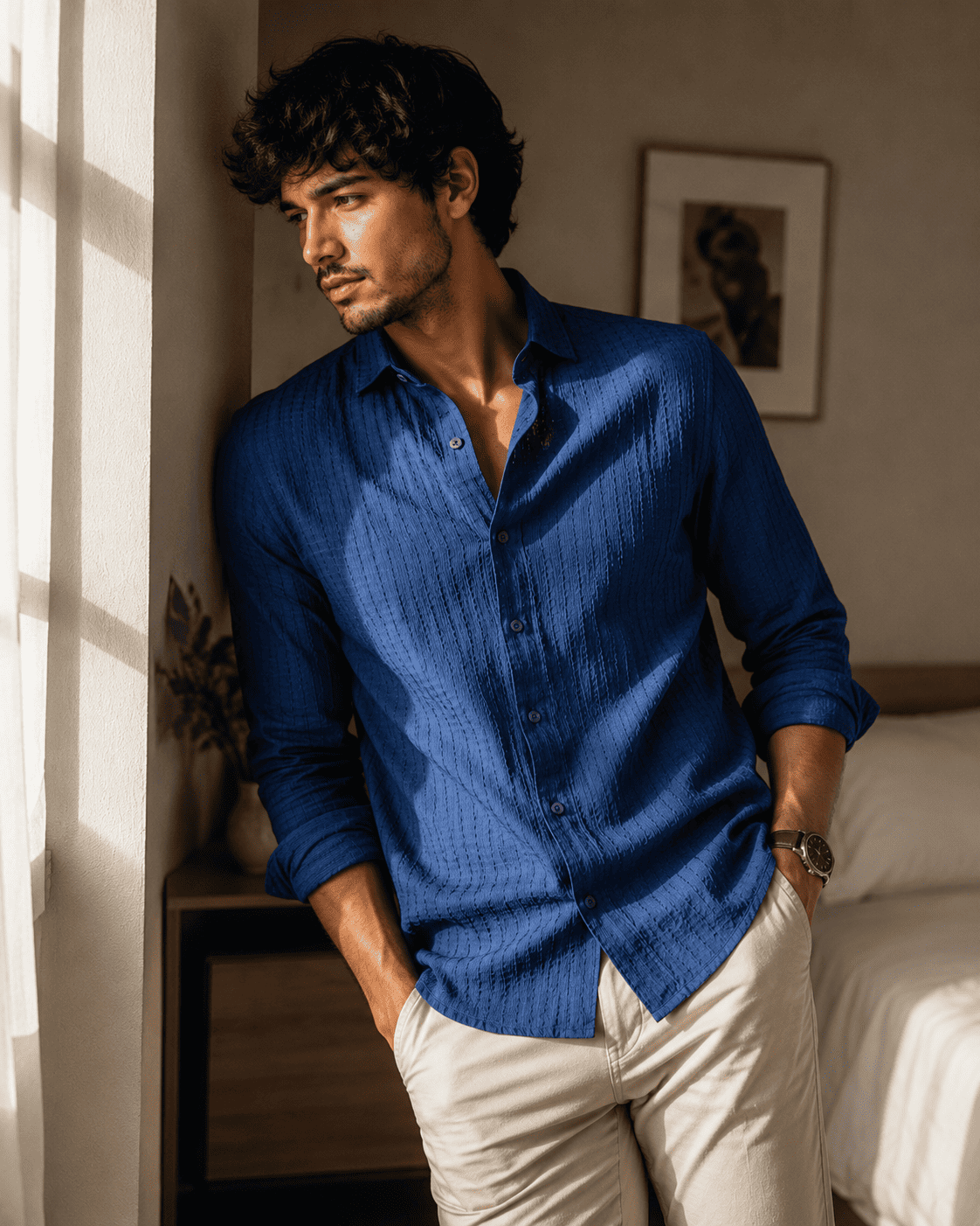 Men's Textured Blue Casual Shirt
