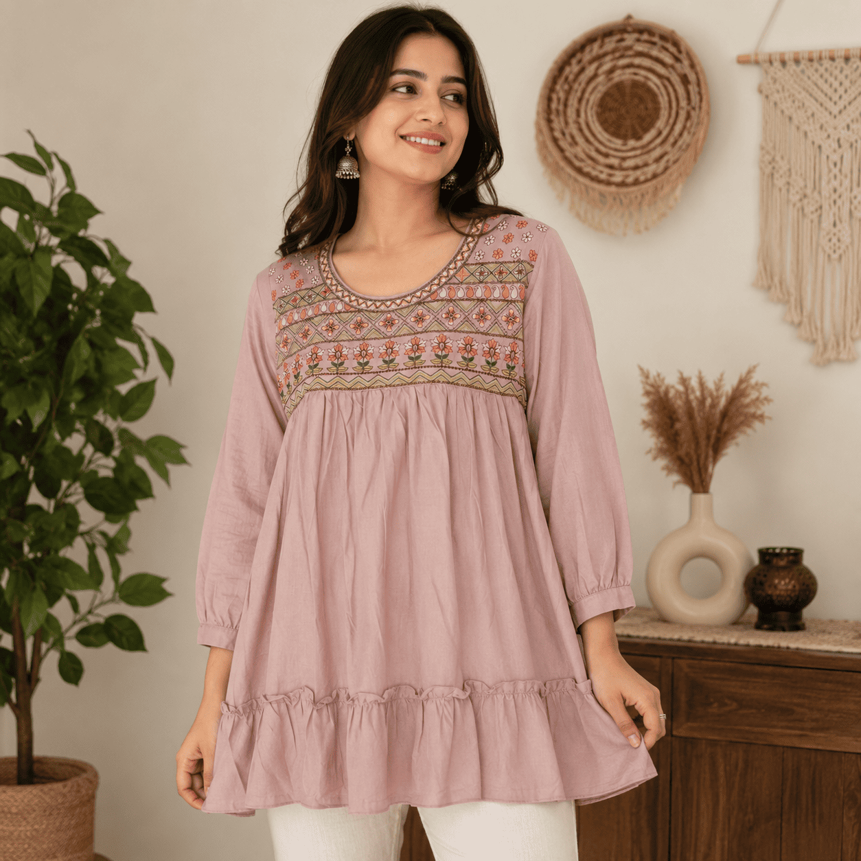 Embroidered Brown Sleeve Kurta