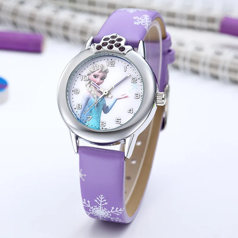 Kids Watch Girls Elsa Princess Cartoon Wristwatch PU Leather Strap