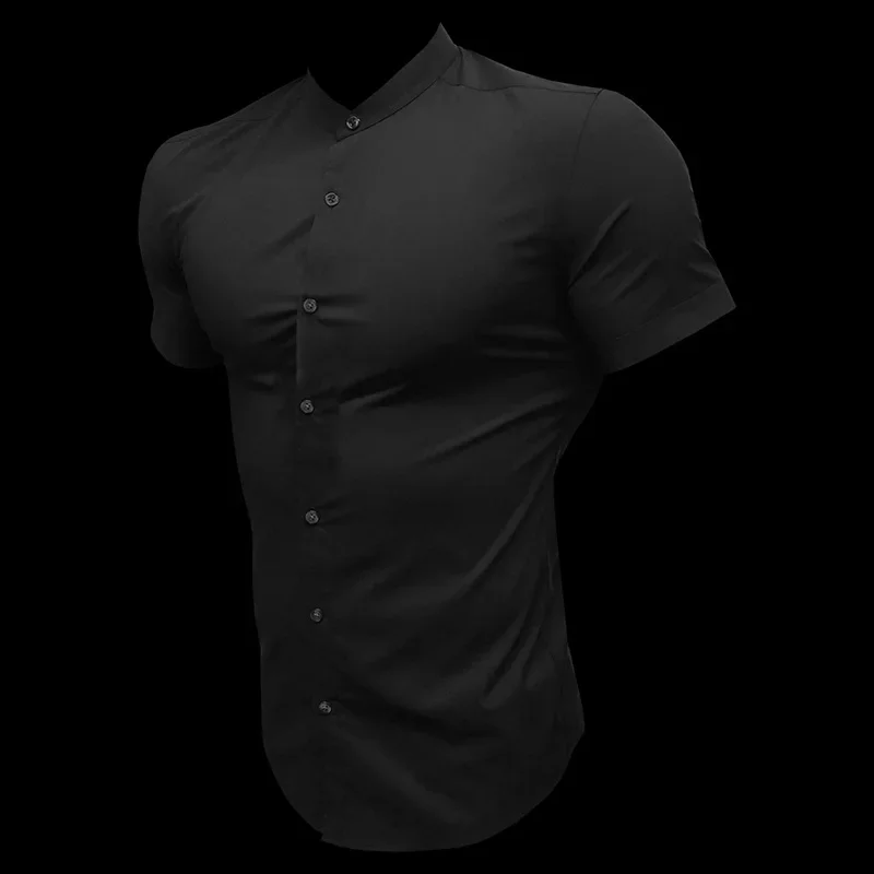Mens Short Sleeve Dress Shirt Slim Fit Casual Stand Collar