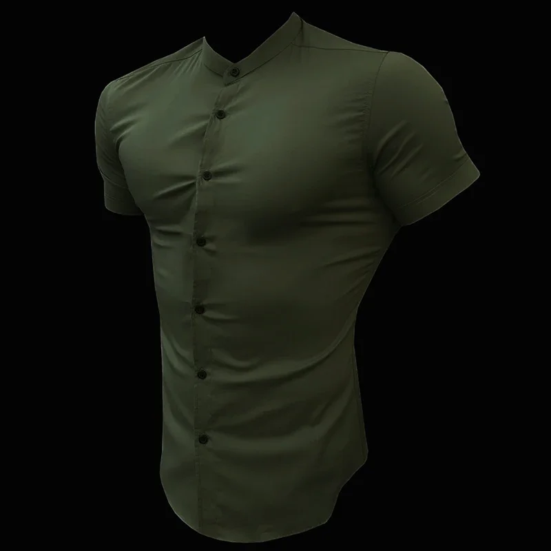 Mens Short Sleeve Dress Shirt Slim Fit Casual Stand Collar