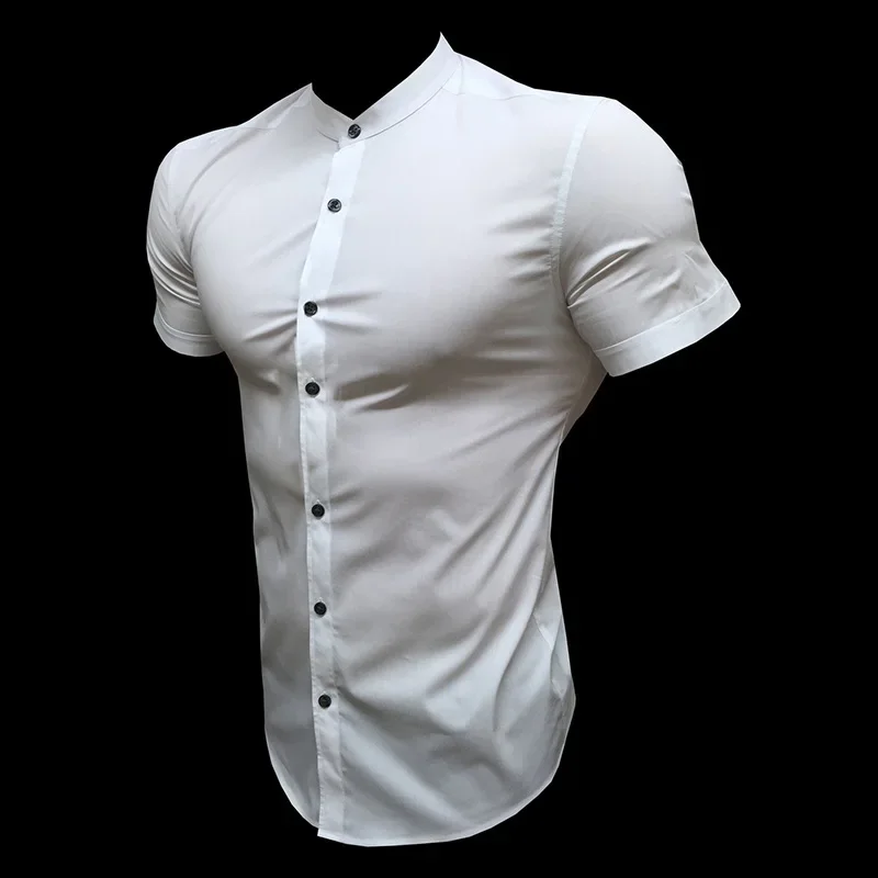 Mens Short Sleeve Dress Shirt Slim Fit Casual Stand Collar