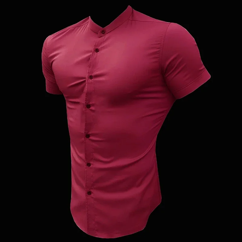 Mens Short Sleeve Dress Shirt Slim Fit Casual Stand Collar