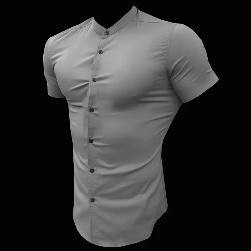 Mens Short Sleeve Dress Shirt Slim Fit Casual Stand Collar