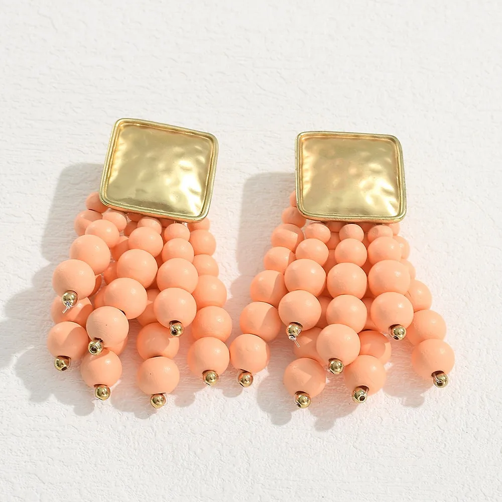 Drop Earrings Wooden Vintage Beaded Geometric