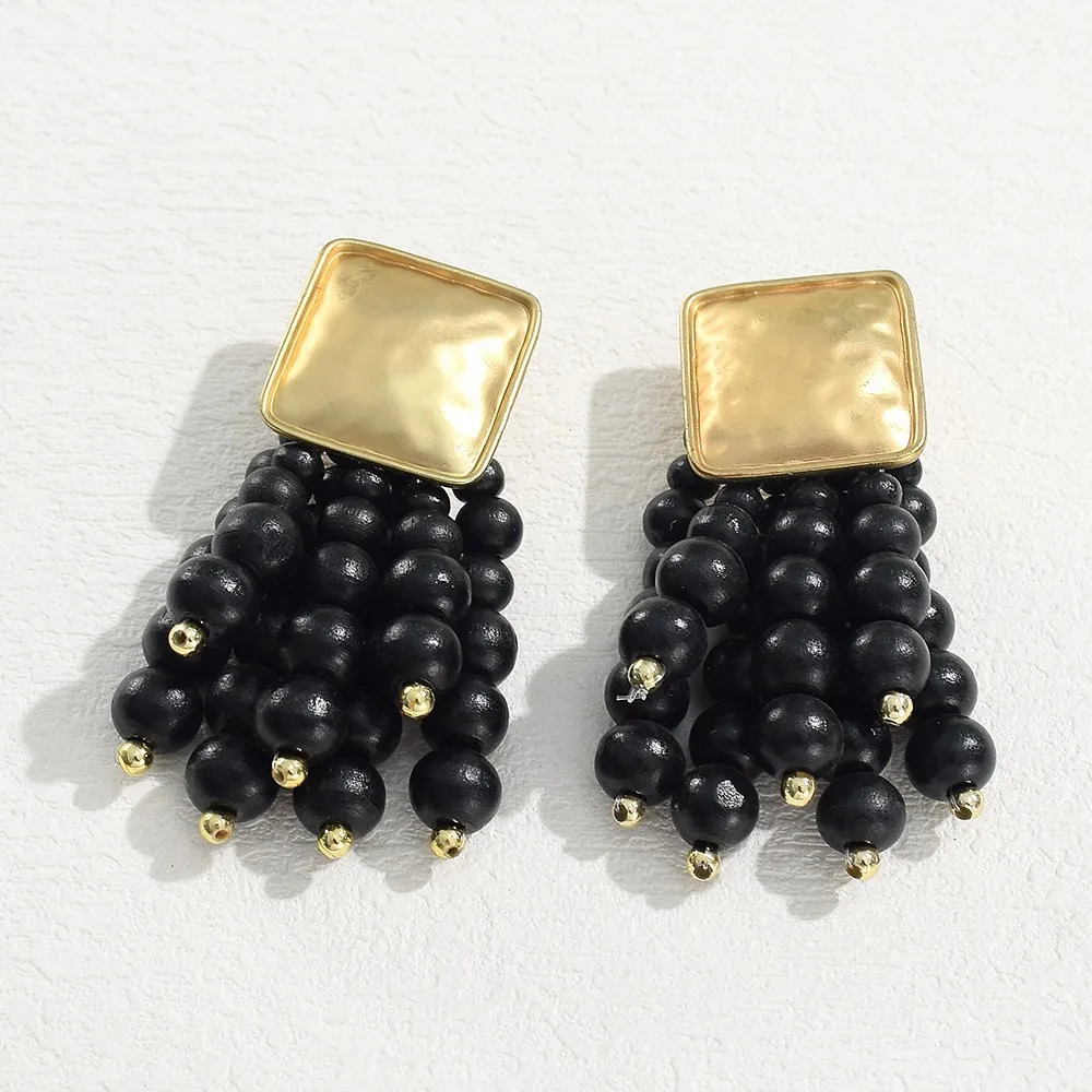 Drop Earrings Wooden Vintage Beaded Geometric