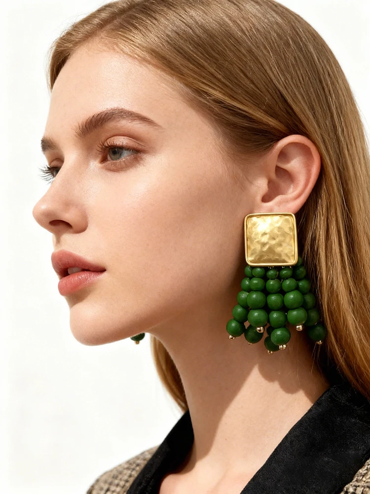 Drop Earrings Wooden Vintage Beaded Geometric