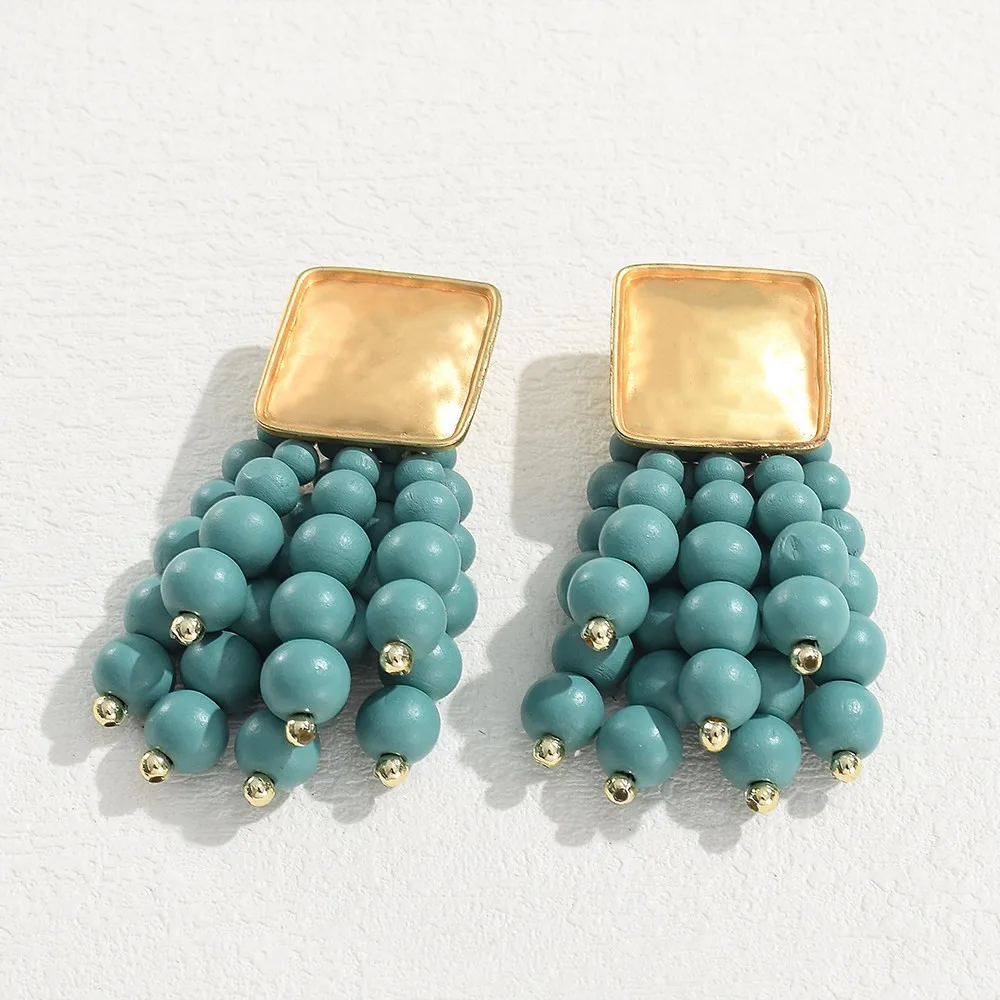 Drop Earrings Wooden Vintage Beaded Geometric