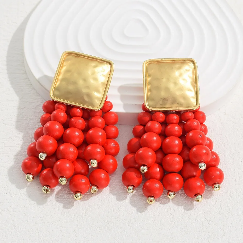 Drop Earrings Wooden Vintage Beaded Geometric