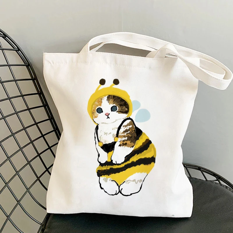 Canvas Tote Bag Casual Shopper with Cartoon Cat Pattern