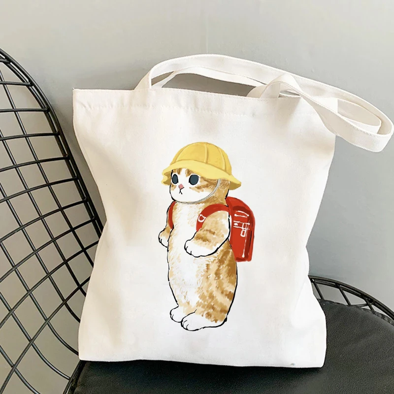 Canvas Tote Bag Casual Shopper with Cartoon Cat Pattern
