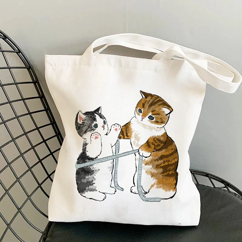 Canvas Tote Bag Casual Shopper with Cartoon Cat Pattern