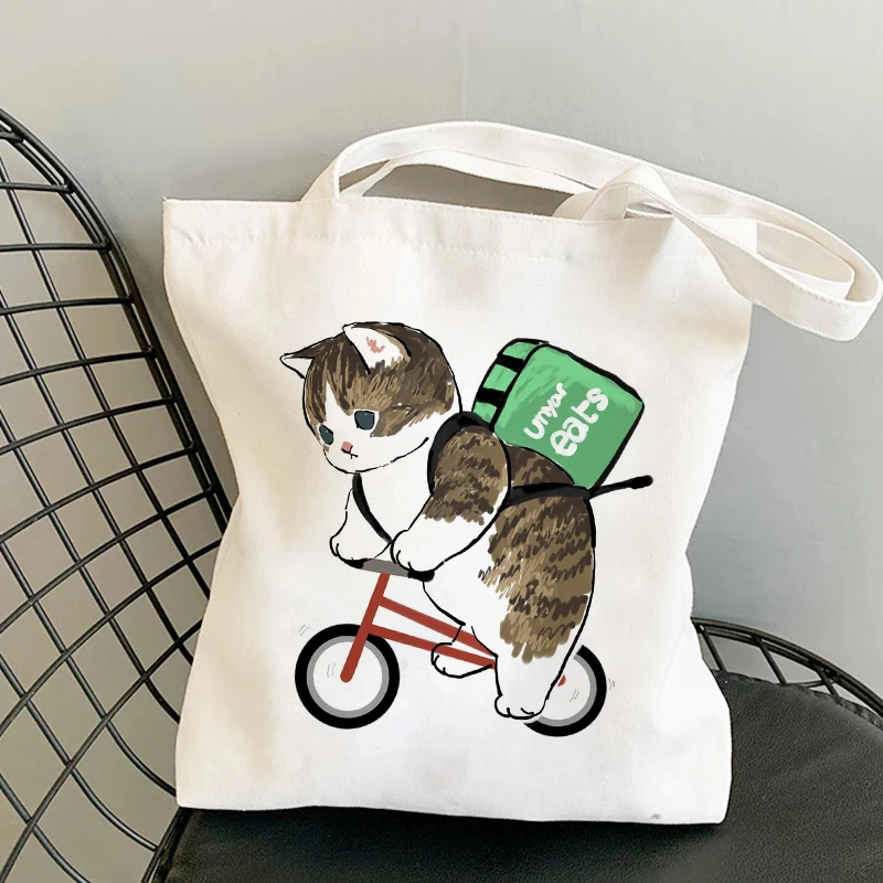 Canvas Tote Bag Casual Shopper with Cartoon Cat Pattern