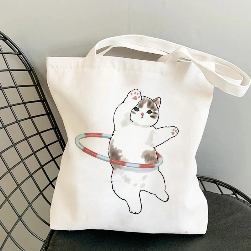 Canvas Tote Bag Casual Shopper with Cartoon Cat Pattern