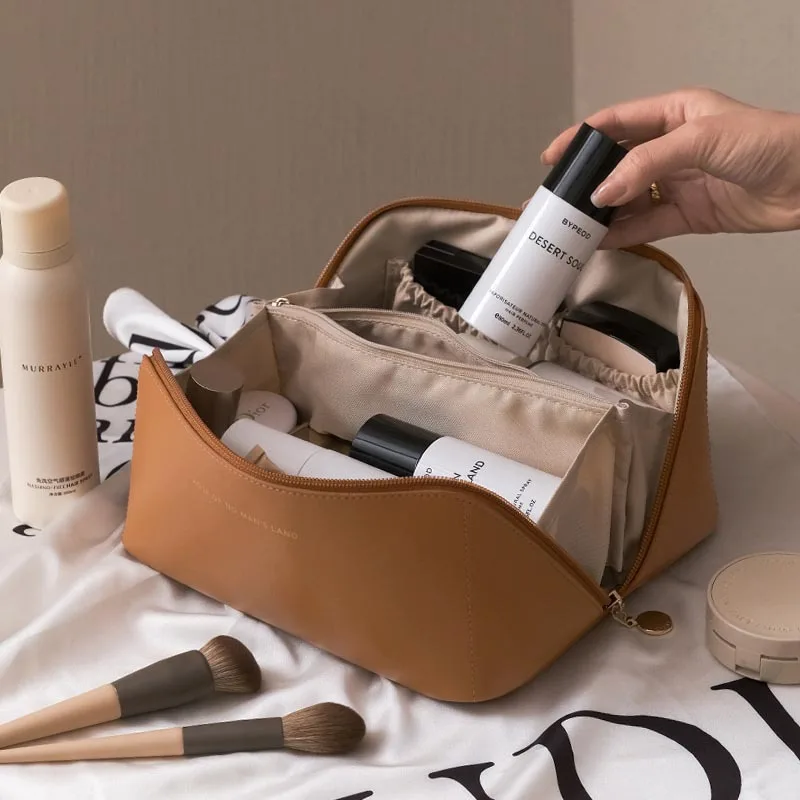 Large Capacity Travel Cosmetic Bag PU Leather Makeup Case