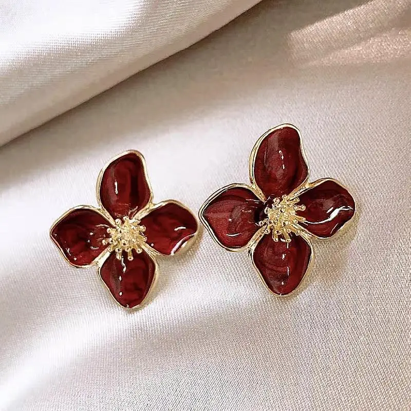 Stud Earrings Women Red Flower Zinc Alloy