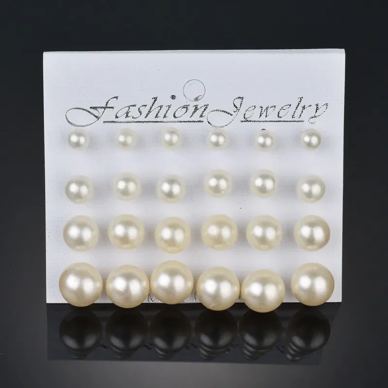 Simulated Pearl Stud Earrings 12 Pairs Set