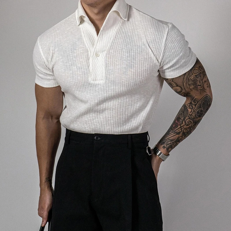 Mens Ribbed Polo Shirt Slim Stretch