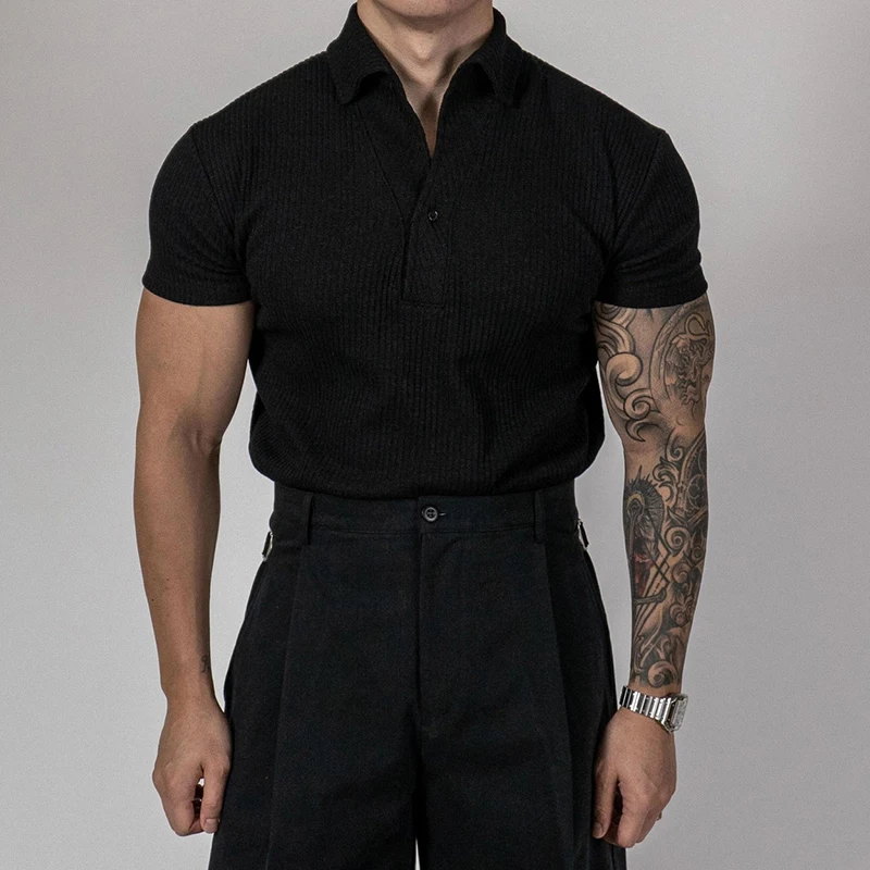 Mens Ribbed Polo Shirt Slim Stretch
