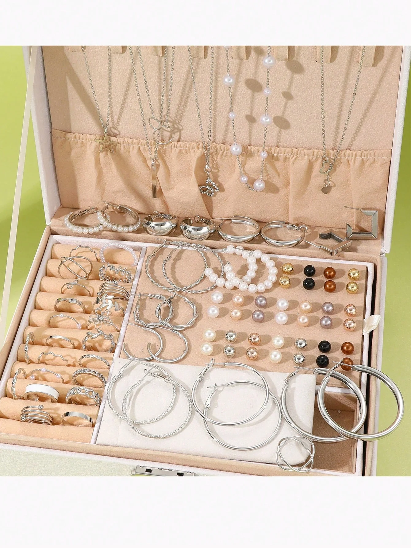 Pearl Jewelry Set Multi-Layered Necklace Earrings Rings