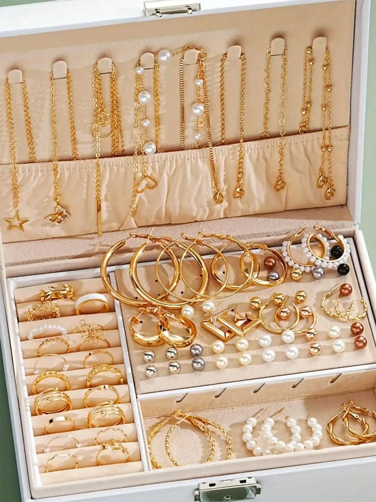 Pearl Jewelry Set Multi-Layered Necklace Earrings Rings