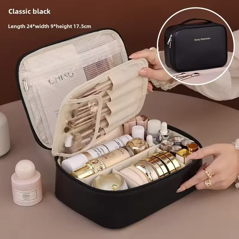 Cosmetic Bag Double Layer Large Capacity PU Leather Travel Organizer