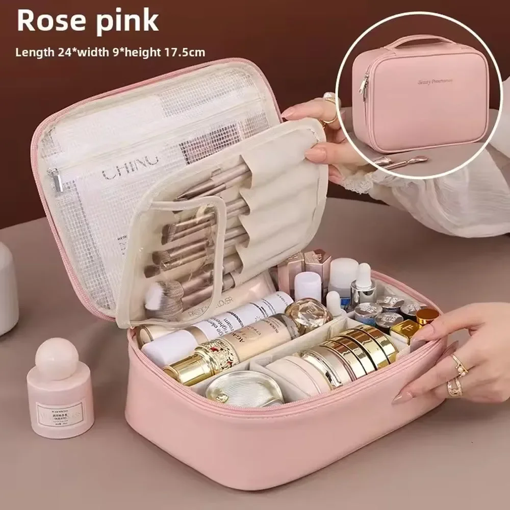 Cosmetic Bag Double Layer Large Capacity PU Leather Travel Organizer