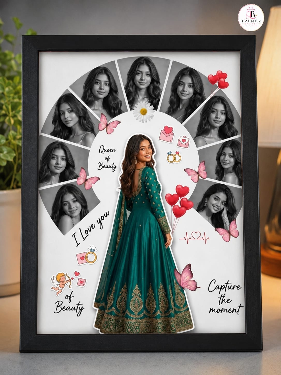 Custom Photo Collage Frame with Green Traditional Dress and Romantic Decor