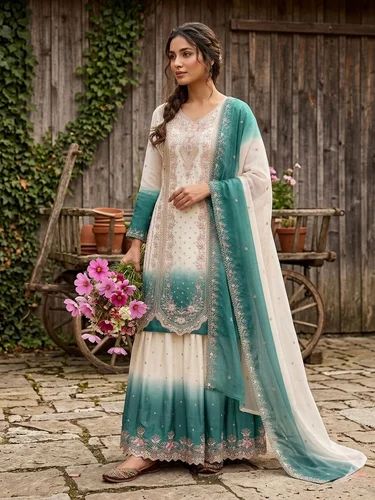 Ombre Teal and Off-White Embroidered Kurta Sharara Set