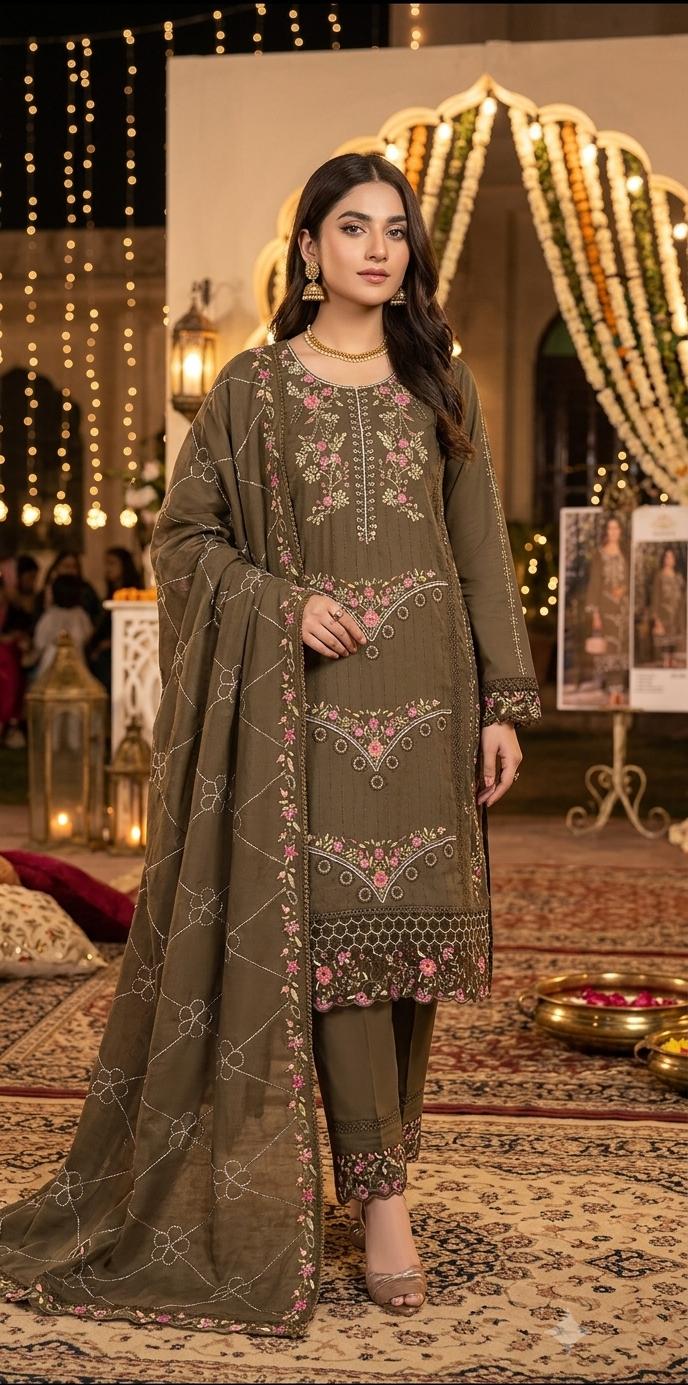 Olive Green Embroidered Salwar Suit Set