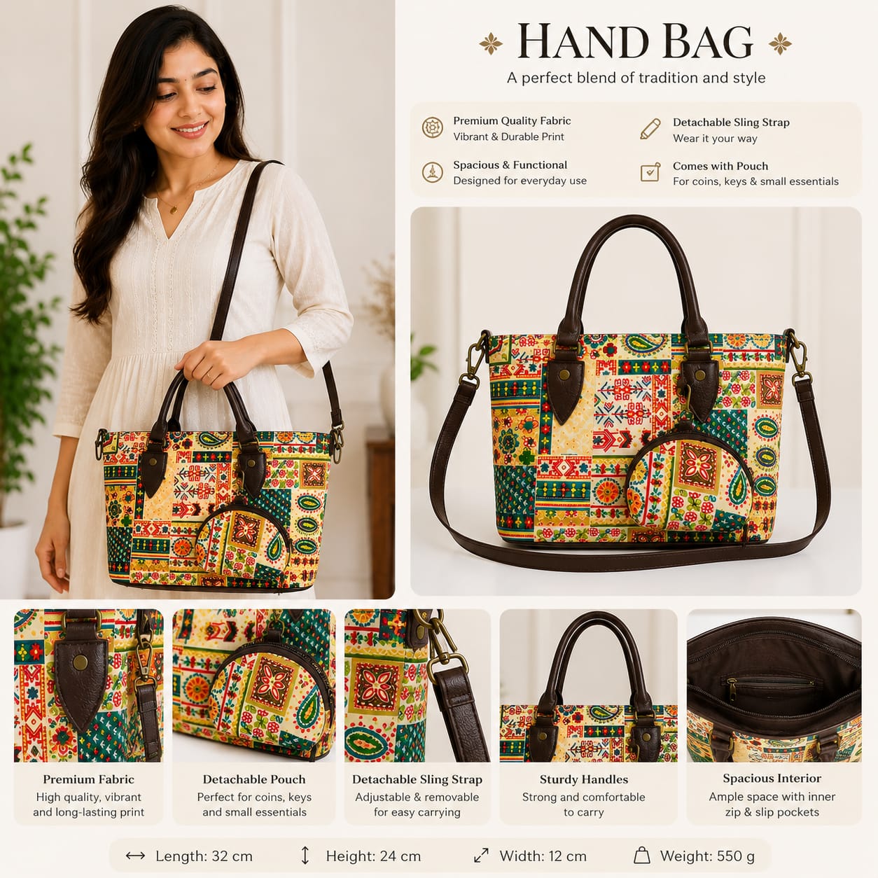 Imported Hakoba Material Handbag with Pouch