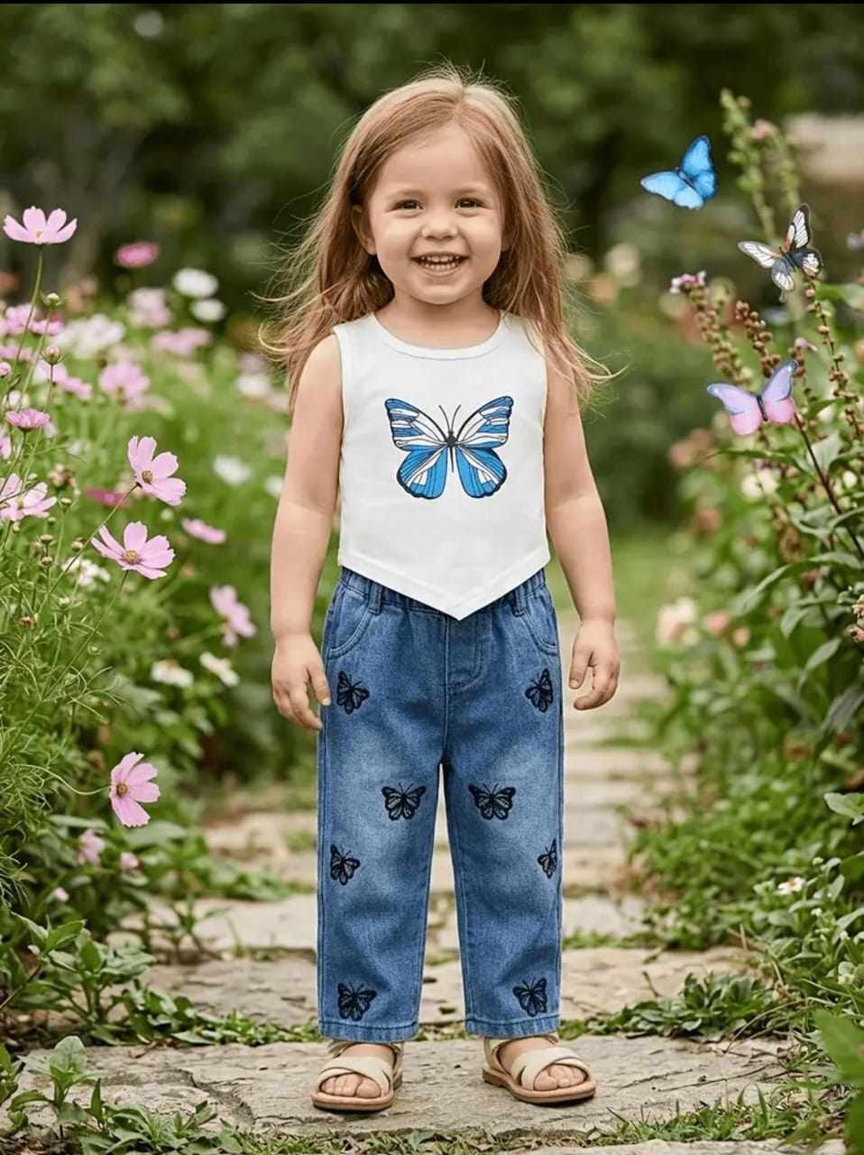 Toddler Girls Butterfly Tank Top and Jeans Set