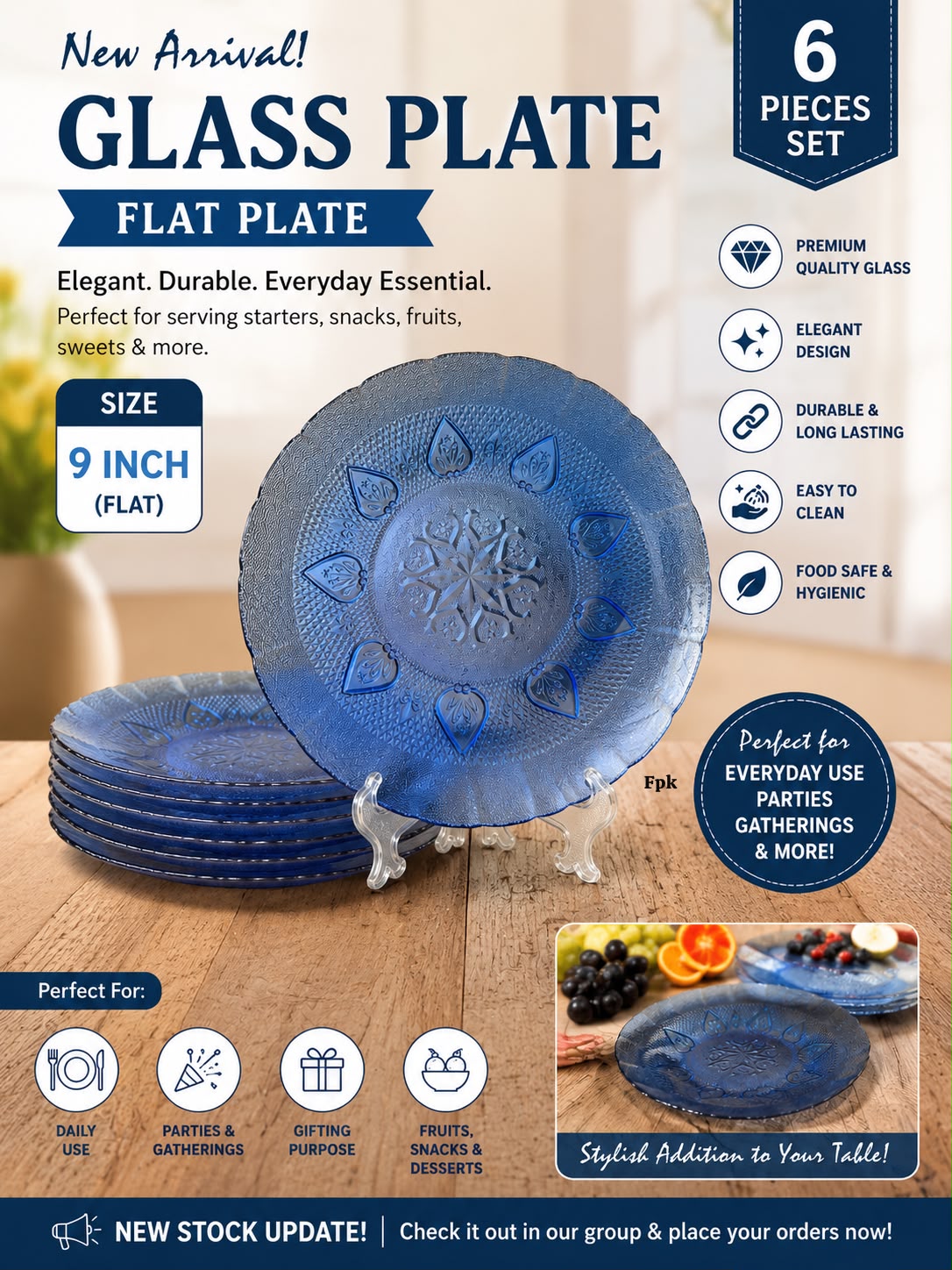 6 Pieces Set 9 Inch Glass Plate Flat Plate