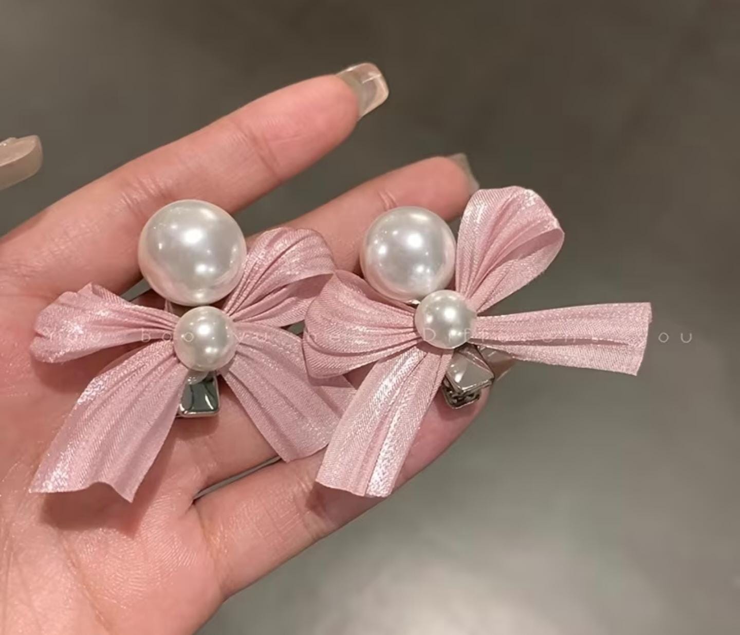 Pink Ribbon and Faux Pearl Hair Clips Set