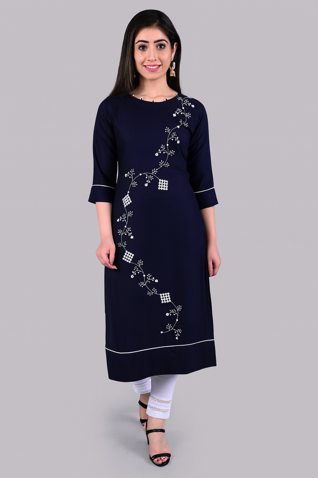 Elegant Navy Blue Embroidered Rayon Kurti